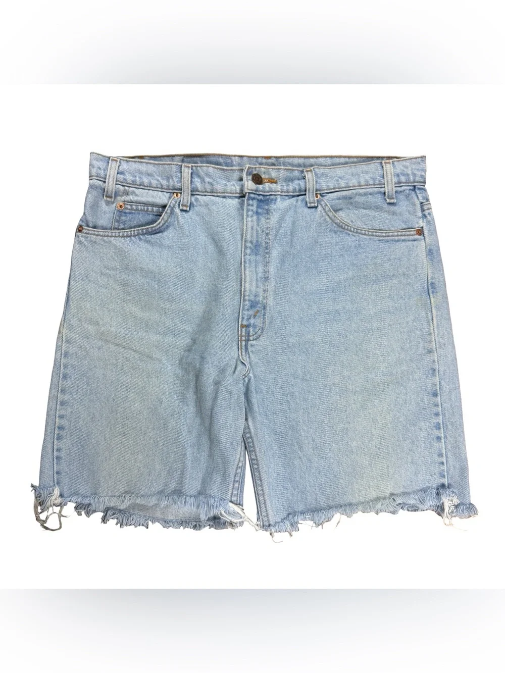 Vintage 90s Levis 505 Light Wash Orange Tab Blue Denim Jean Shorts Size 38
